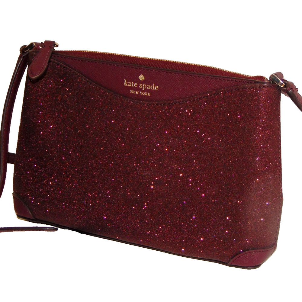 Kate Spade New York Tinsel Glitter Crossbody Bag Burgundy Wine Zip Gold Hardware - Picture 4 of 15